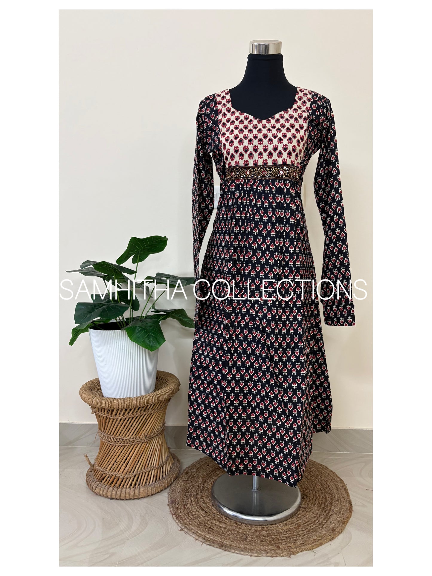 SC3170 - Cotton Panel cut Anarkalis with patchwork and handwork on yoke, Black colour with beige patch
