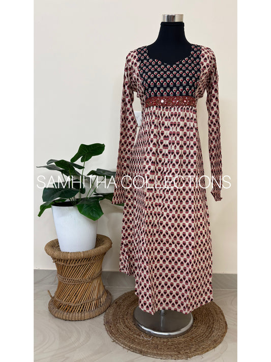 SC3175 - Cotton Aline kurtis with patchwork and handwork on yoke, Beige colour with black patch