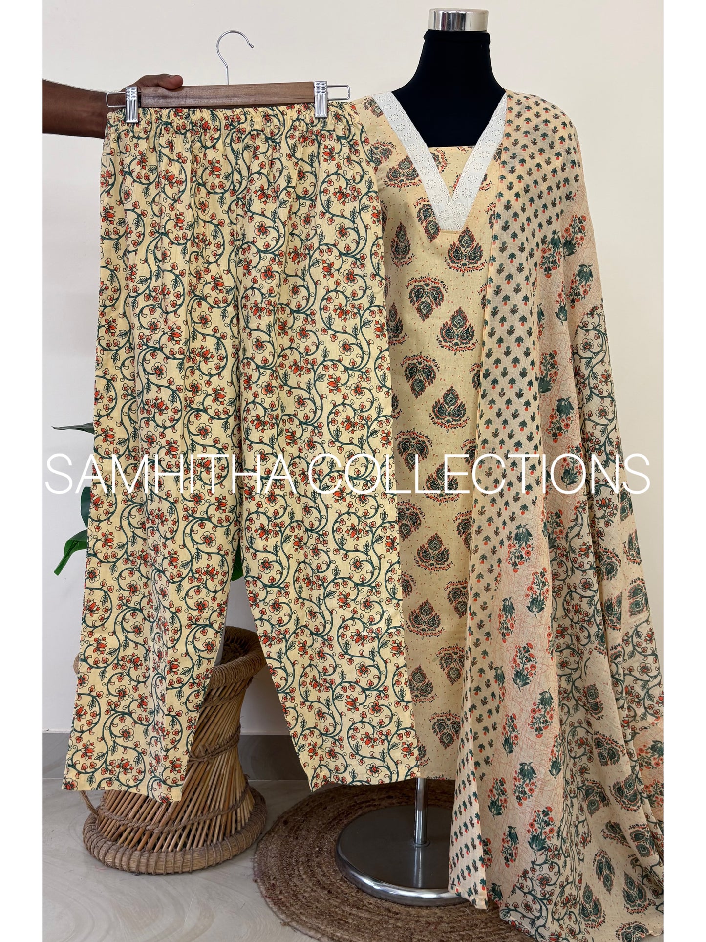 SC3190 - Soft Cotton Jaipuri printed fully stitched 3 piece kurti sets, Beige colour with Green prints