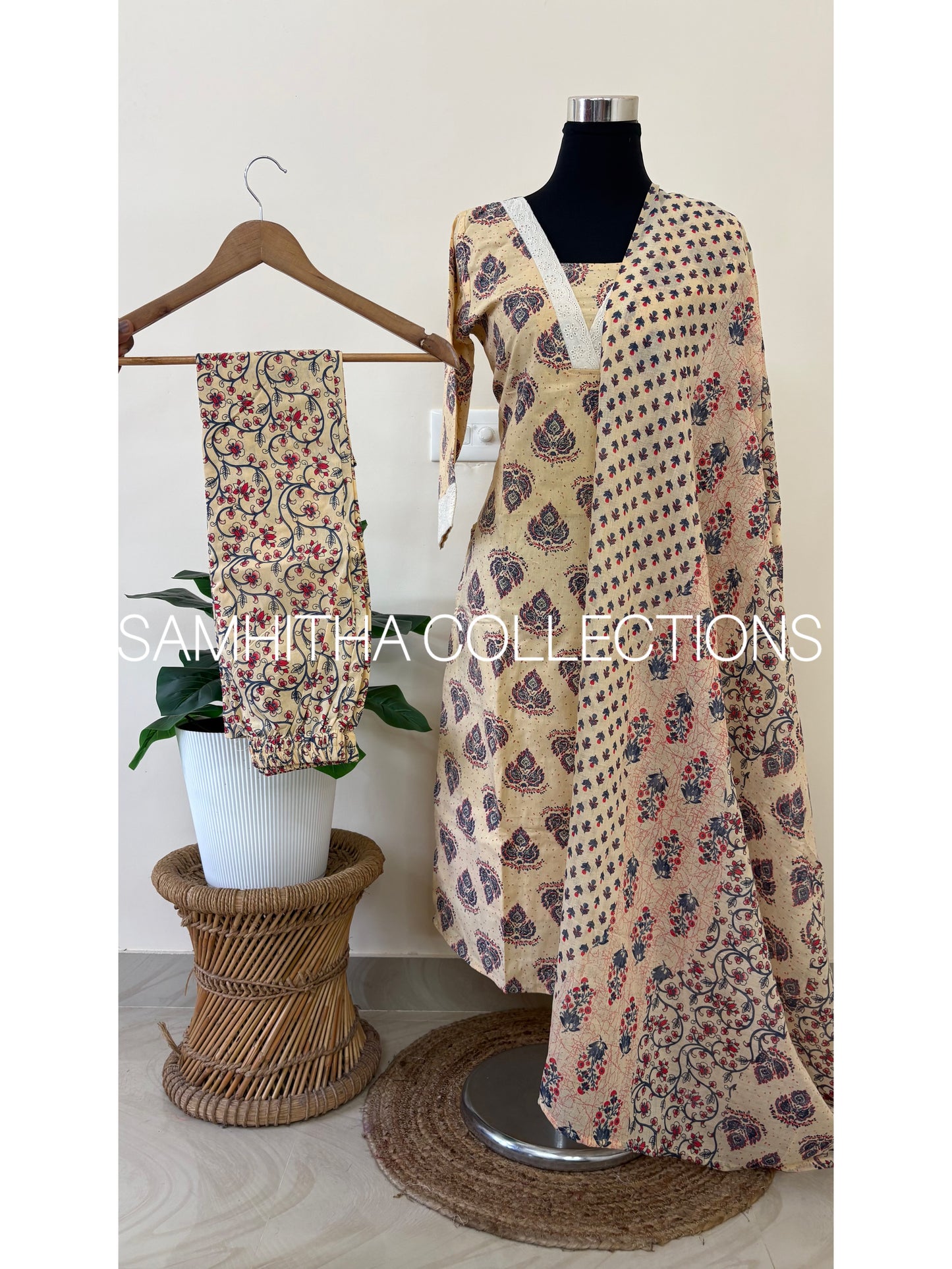 SC3195 - Soft Cotton Jaipuri printed fully stitched 3 piece kurti sets, Beige colour with Blue prints
