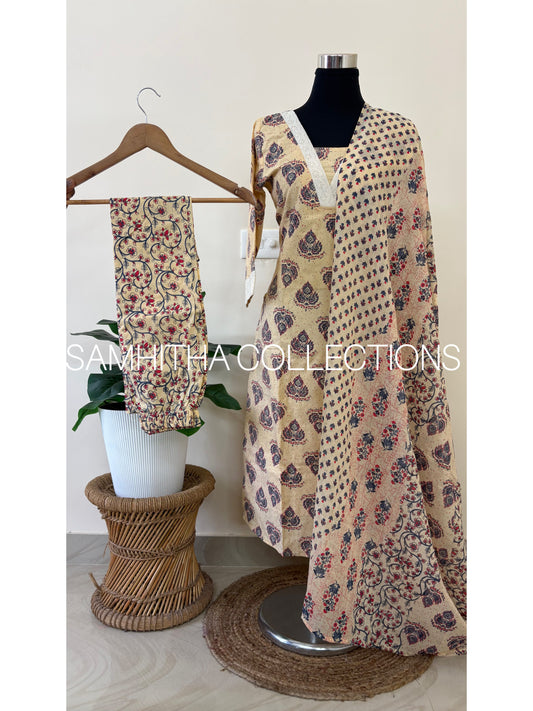SC3195 - Soft Cotton Jaipuri printed fully stitched 3 piece kurti sets, Beige colour with Blue prints