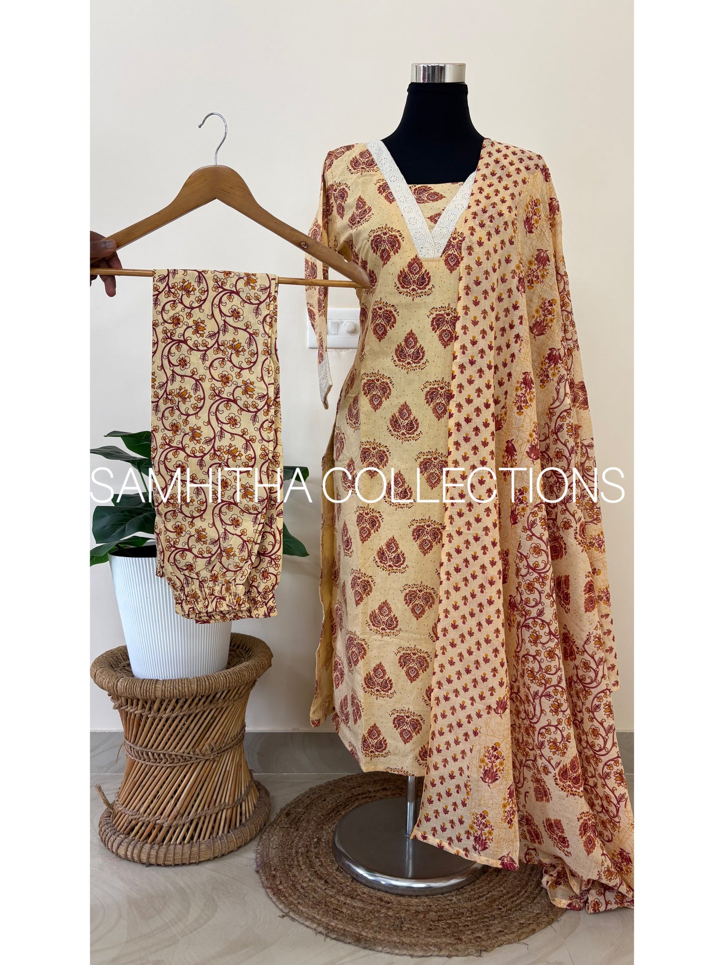 SC3200 - Soft Cotton Jaipuri printed fully stitched 3 piece kurti sets, Beige colour with Maroon prints