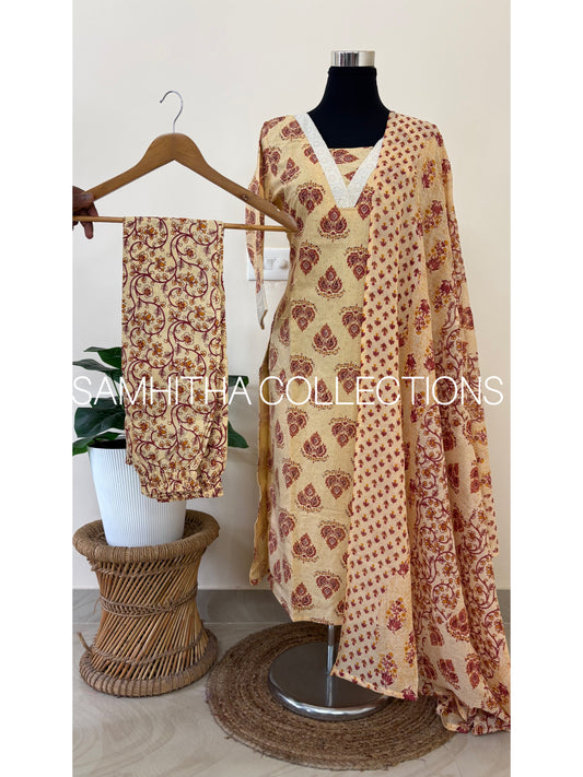 SC3200 - Soft Cotton Jaipuri printed fully stitched 3 piece kurti sets, Beige colour with Maroon prints