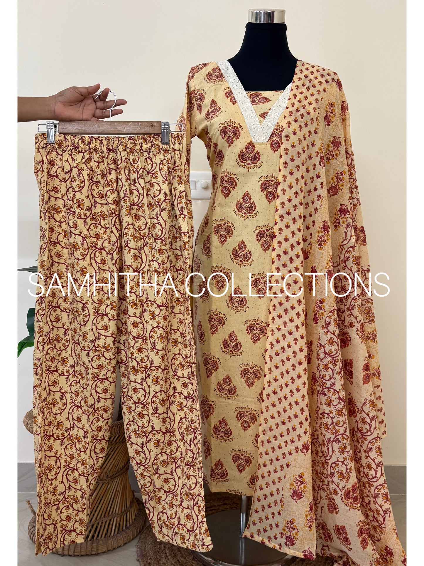 SC3200 - Soft Cotton Jaipuri printed fully stitched 3 piece kurti sets, Beige colour with Maroon prints