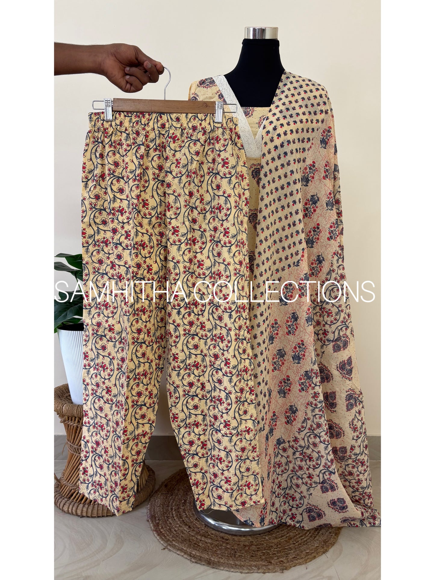 SC3195 - Soft Cotton Jaipuri printed fully stitched 3 piece kurti sets, Beige colour with Blue prints