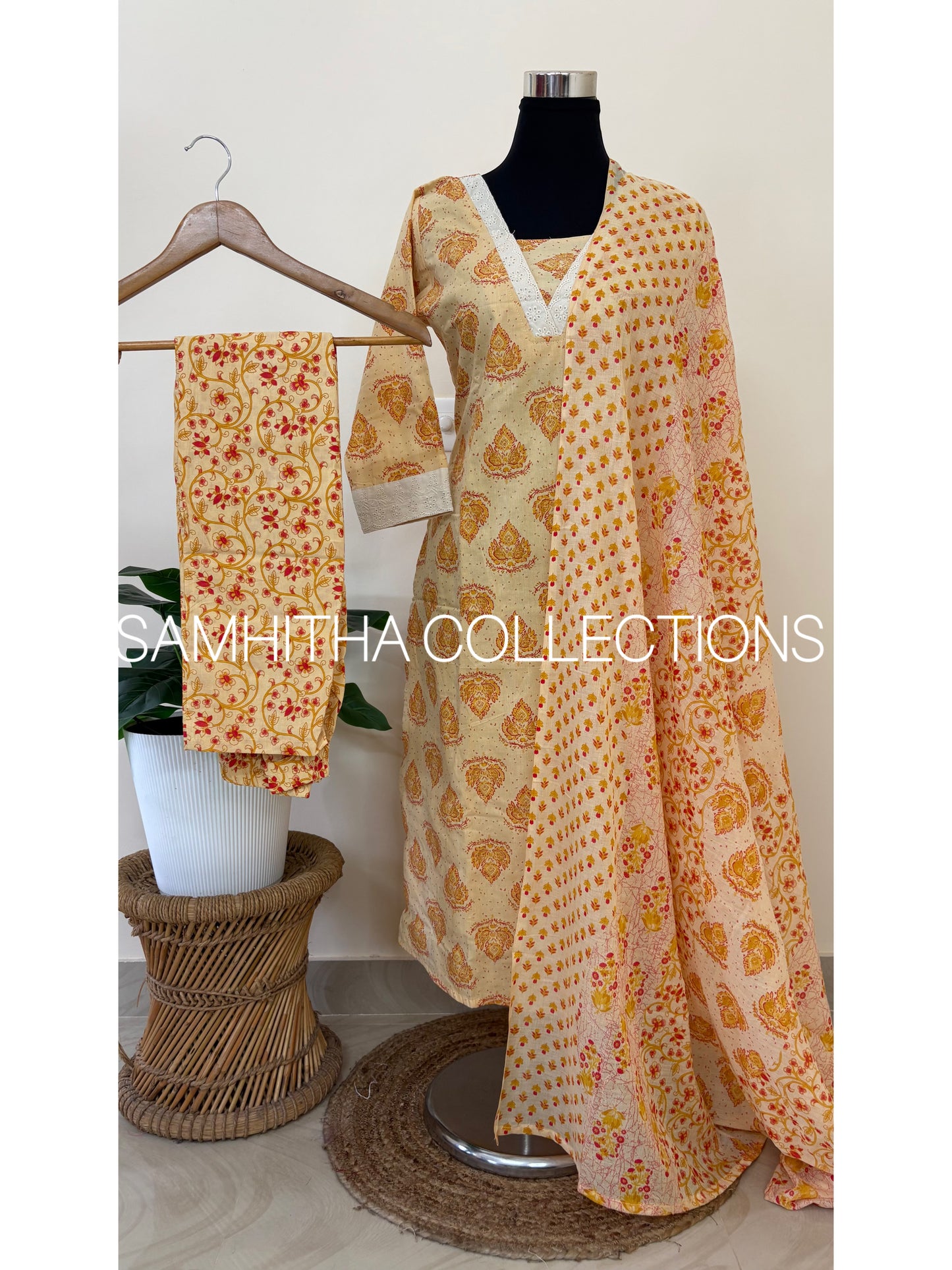 SC3205 - Soft Cotton Jaipuri printed fully stitched 3 piece kurti sets, Beige colour with Yellow prints