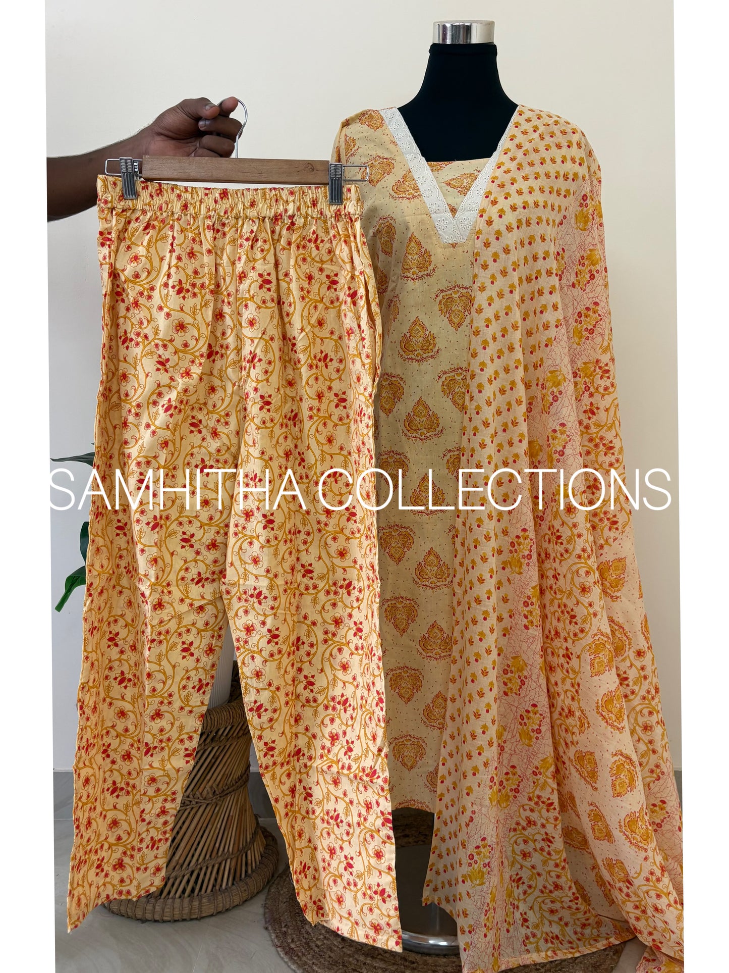 SC3205 - Soft Cotton Jaipuri printed fully stitched 3 piece kurti sets, Beige colour with Yellow prints