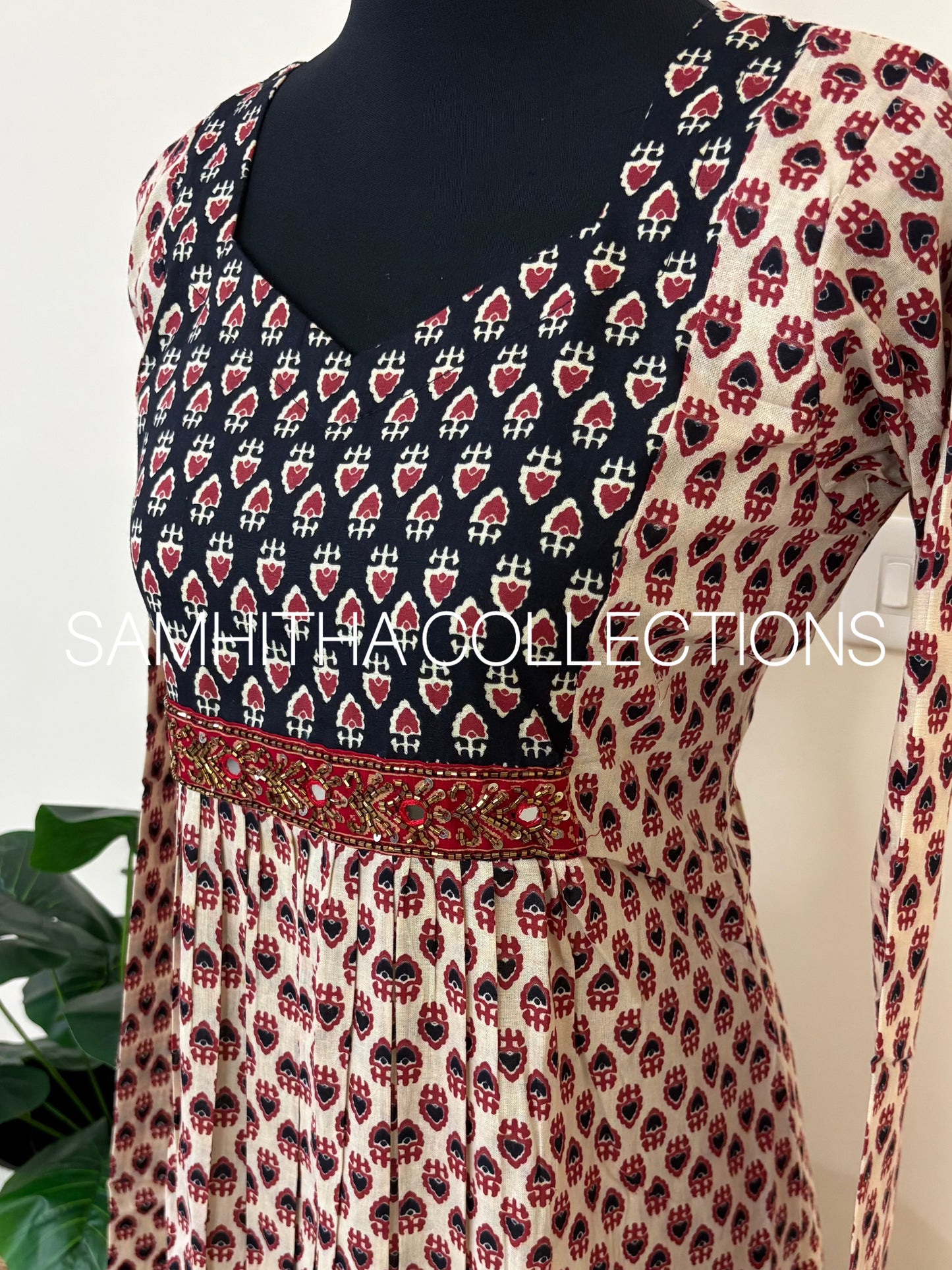 SC3175 - Cotton Panel cut Anarkalis with patchwork and handwork on yoke, Beige colour with black patch