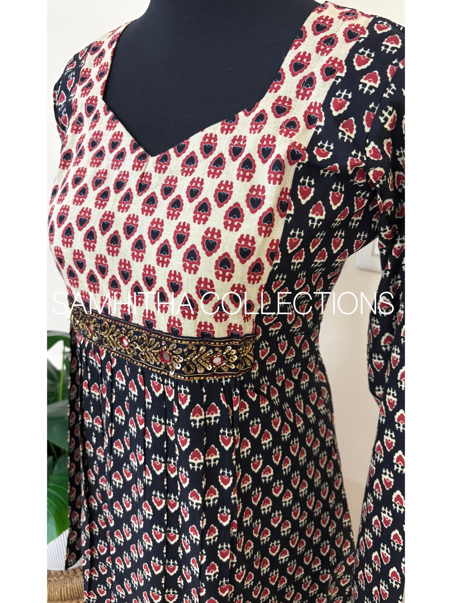 SC3170 - Cotton Panel cut Anarkalis with patchwork and handwork on yoke, Black colour with beige patch