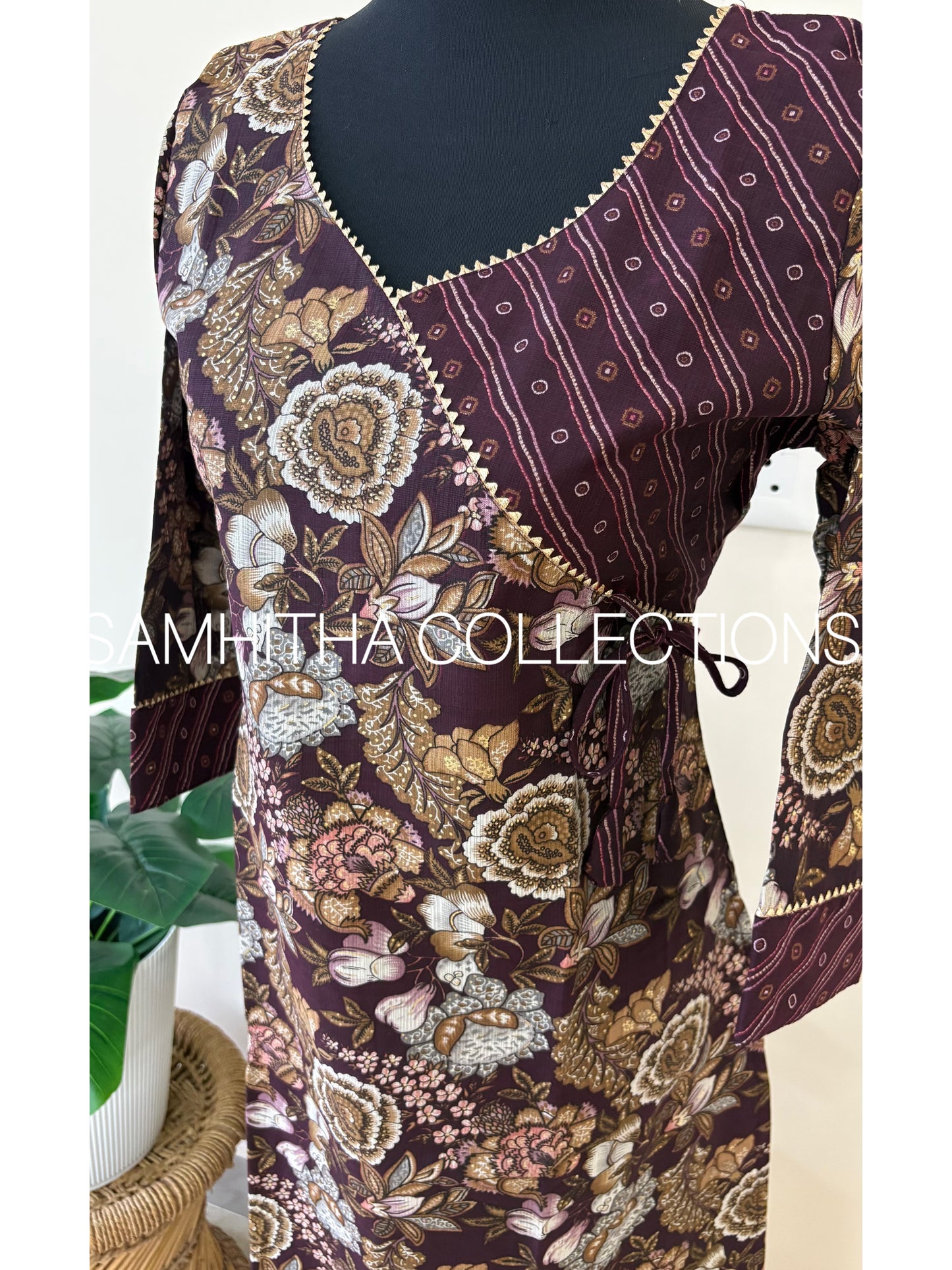 SC3180 - Premium Vertical Fabric co-ord sets with gottapatti lace highlights, Grape wine colour