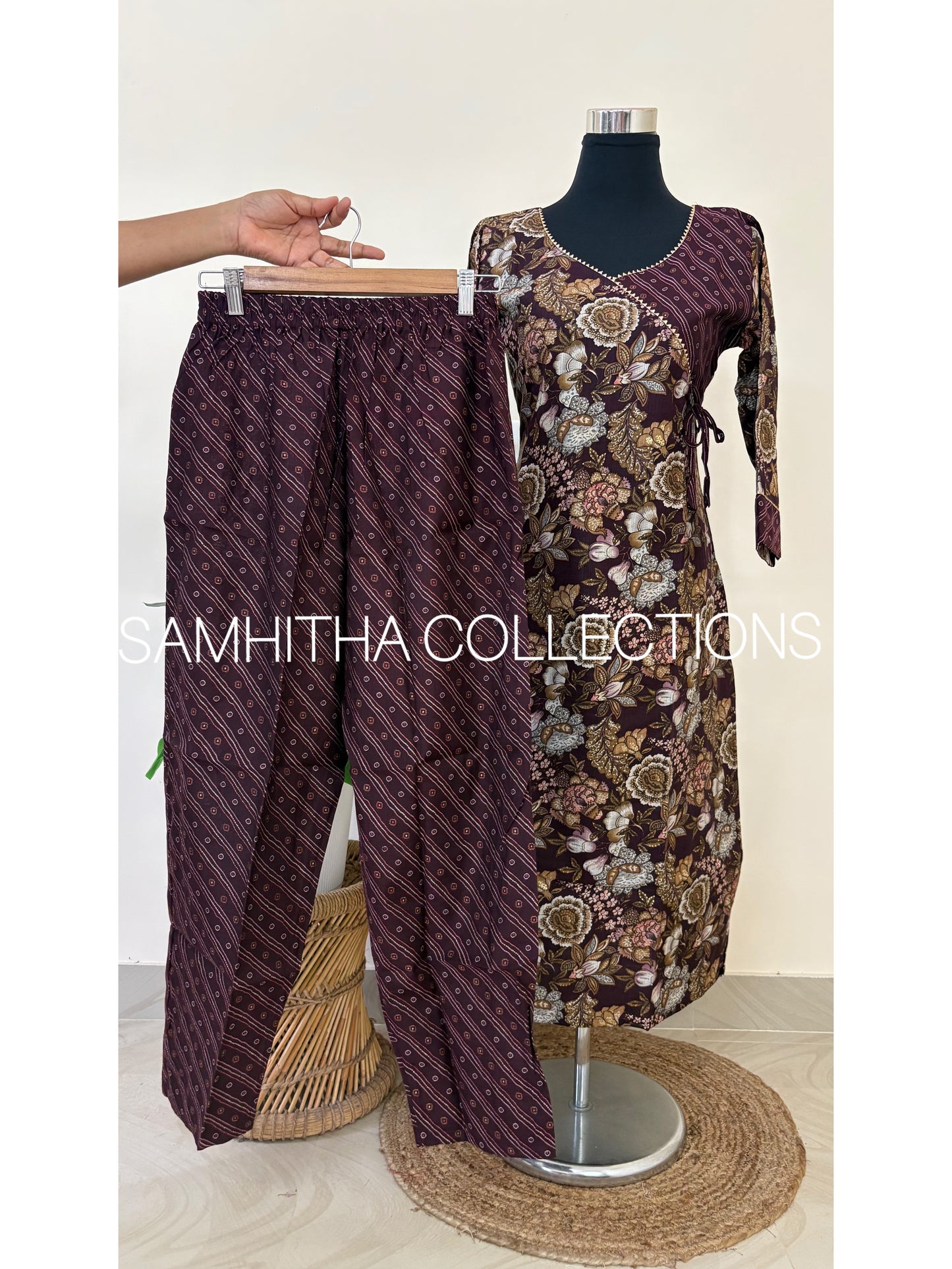 SC3180 - Premium Vertical Fabric co-ord sets with gottapatti lace highlights, Grape wine colour