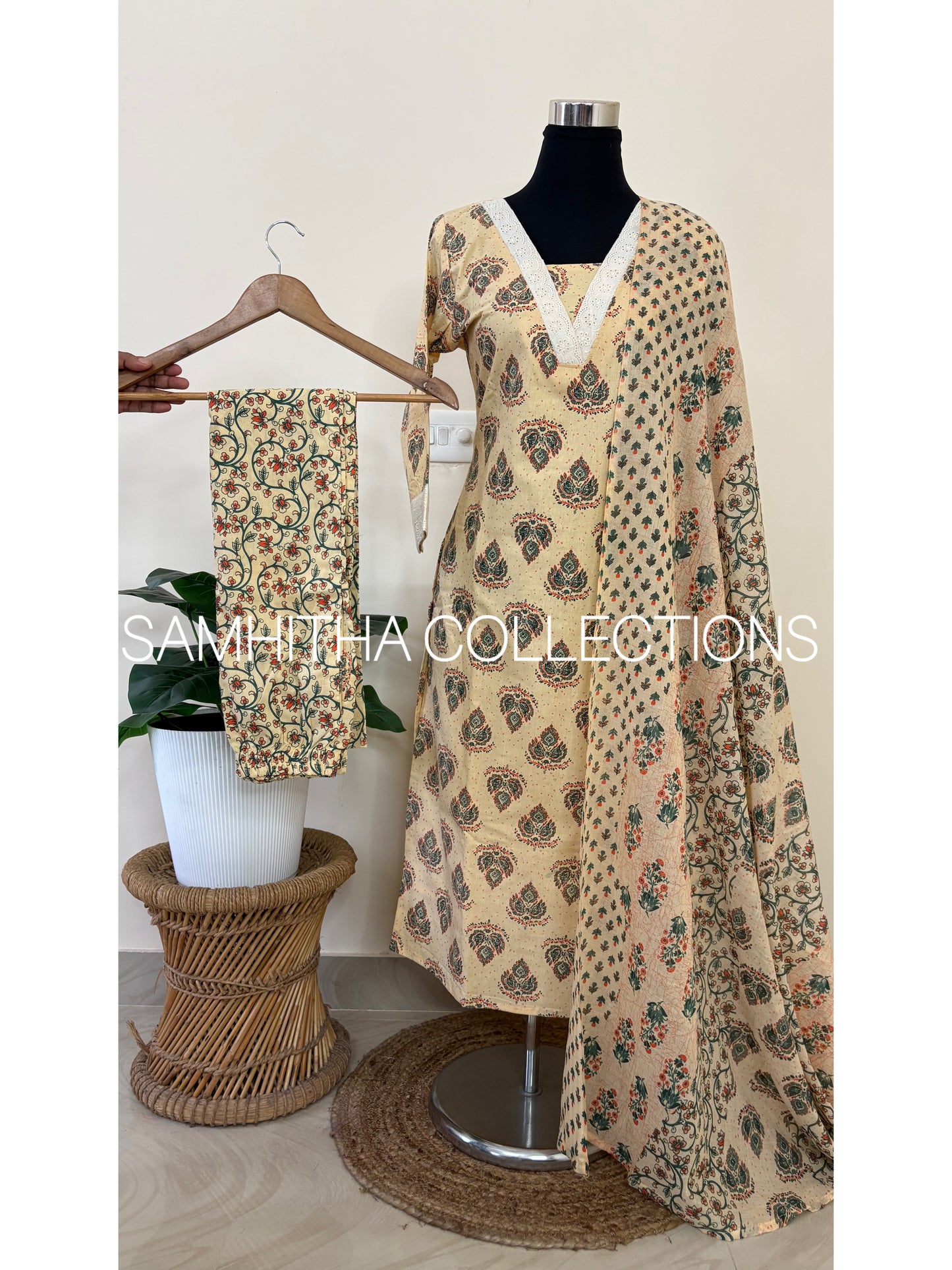 SC3190 - Soft Cotton Jaipuri printed fully stitched 3 piece kurti sets, Beige colour with Green prints
