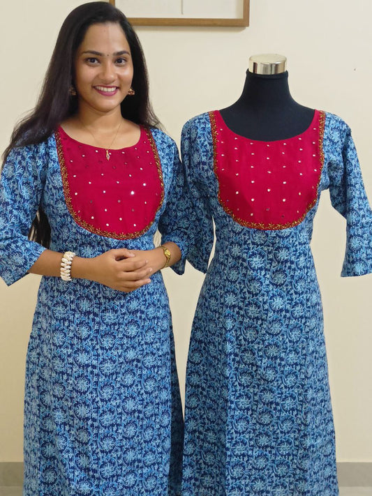 SC2330 - Stylish Aline Indigo Blue Cotton Kurtis with Red Slub Silk Patchwork and Handwork, M and XL sizes only available