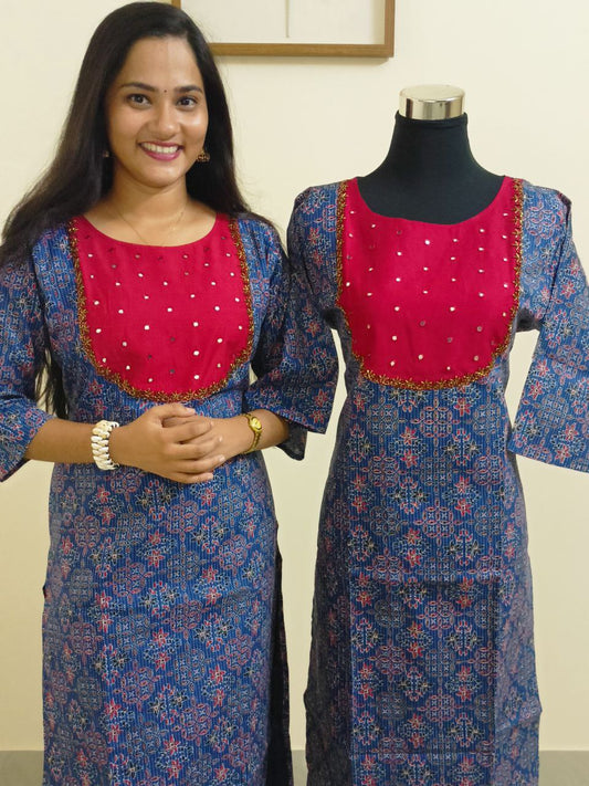 SC2342 - Stylish Indigo Blue Cotton Kurtis with Red Slub Silk Patchwork and Handwork, M size only available
