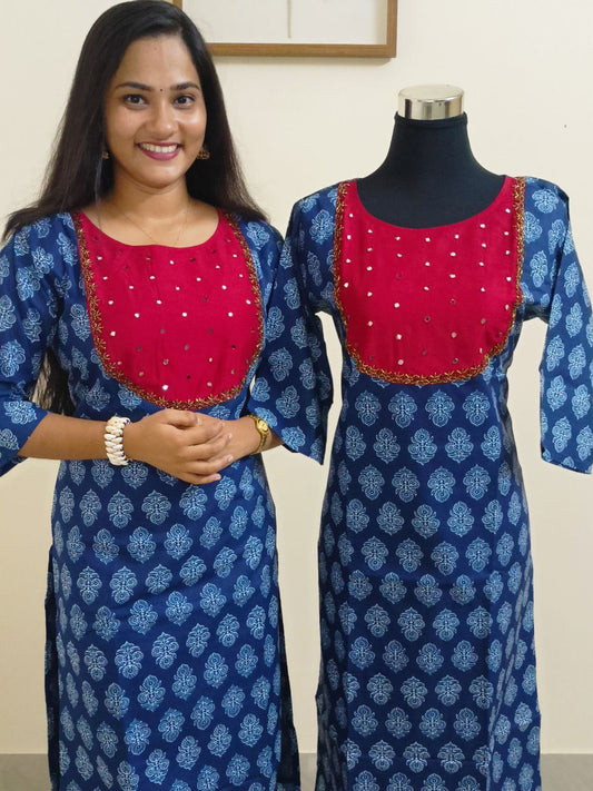 SC2336 - Stylish Indigo Blue Cotton Kurtis with Red Slub Silk Patchwork and Handwork, L size only available