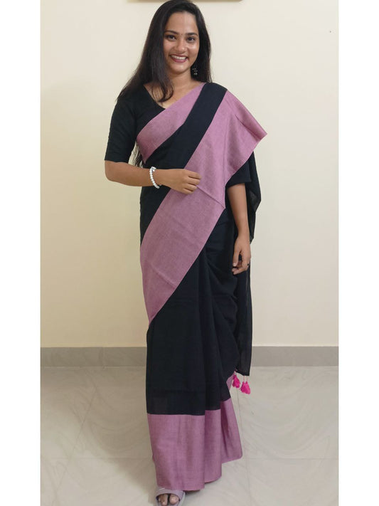 SARANGI01 - Black and pink dual shade Asymmetric Grace Sarangi Mul Cotton Sarees