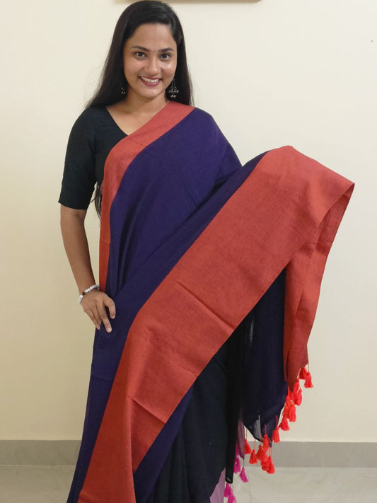 SARANGI02 - Dark purple violet with burnt orange dual shade Asymmetric Grace Sarangi Mul Cotton Sarees