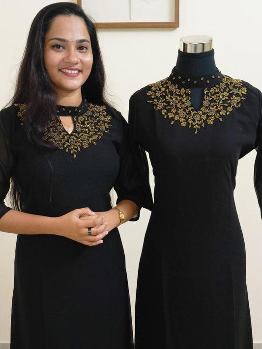 SC2363 - Black blooming georgette handworked Aline kurtis, 3XL size only available