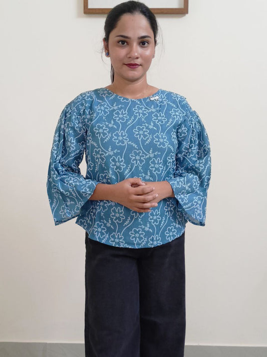 SC2382 - Light prusssian blue shade Georgette Lycra mix short tops