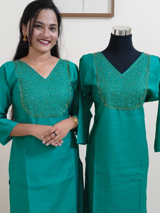 SC2392 - Cyan blue vatikan silk handworked kurtis, M, XL and XXL sizes available now