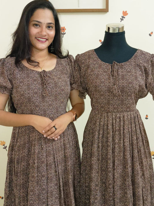 SC2420 - Printed Georgette frock dress Coffee brown, XXL size only available