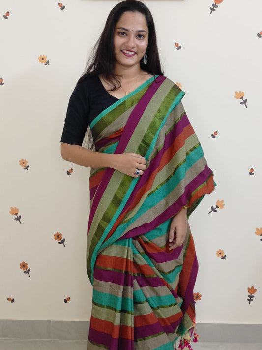 Tharangini01 - Khadi Cotton Multicolored stripe saree