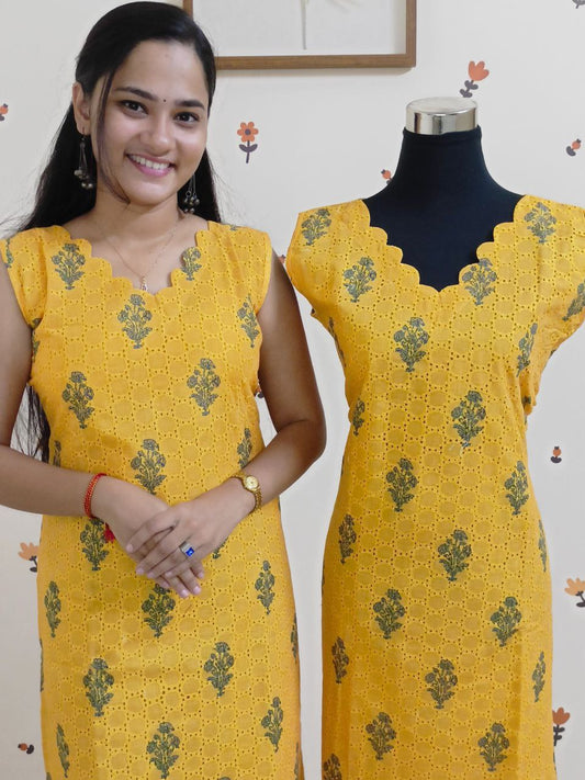 SC2466 - Bright yellow shade cotton hakoba handblock printed kurtis, M size only available