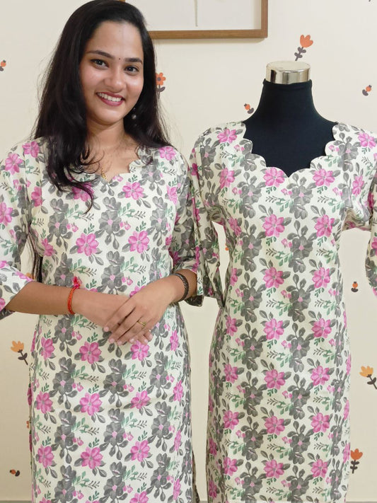 SC2493 - Premium Floral Printed Cotton Co-ord sets Pink with Grey print, L and 3XL sizes only available