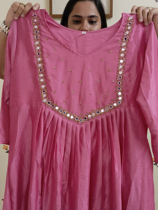 SC2505 - Plus size Vichitra Silk Partwear Aline kurti Pastel pink shade, 3XL size only available