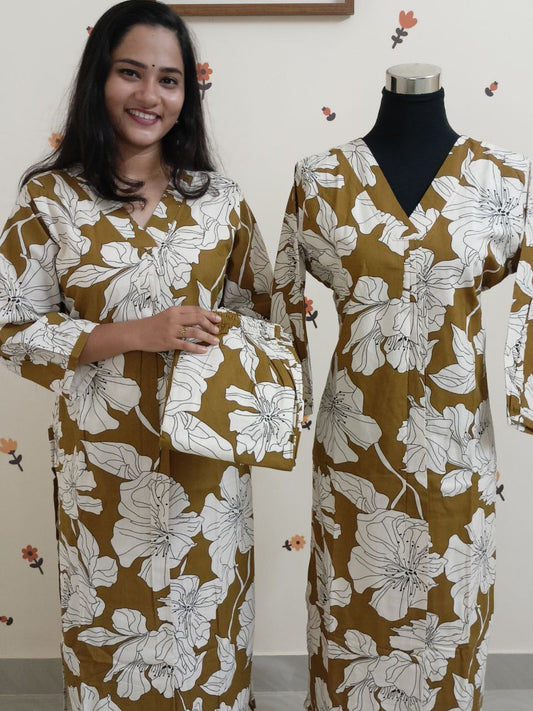 SC2529 - Premium Cora Cotton Front pleated Co-ord sets Mustard yellow shade, kurti and bottom, 2 piece sets