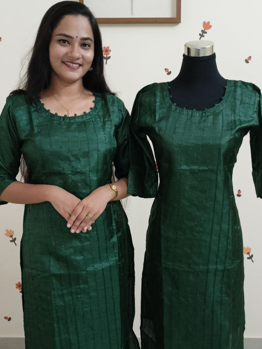 SC2533 - Vichitra silk slitted kurti Bottle green shade, L size only available