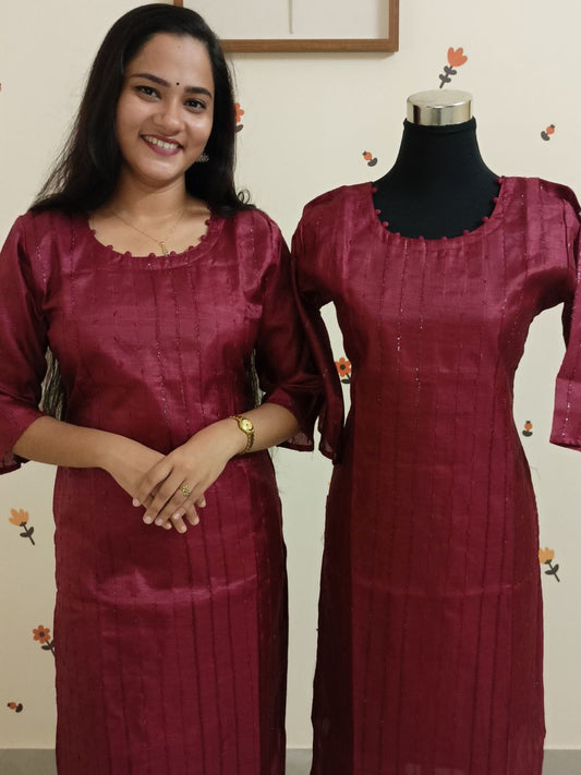 SC2545 - Vichitra silk slitted kurti Dark Maroon shade, L size only available