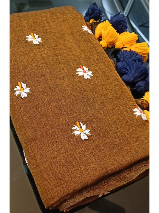 SHIULI01 : Khadi Cotton saree with shiuli flower thread embroidery Chocolate Brown shade