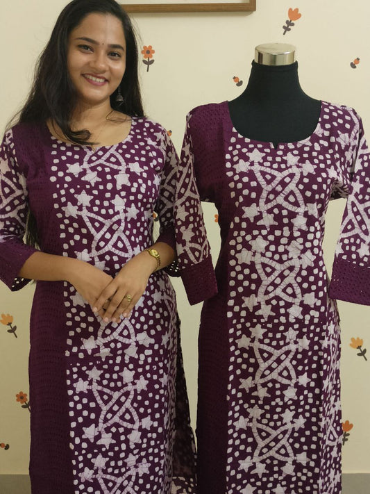 SC2561 - Premium soft cotton kurtis in a rare fusion of batik print and hakoba fabric, Wine shade,M size only available