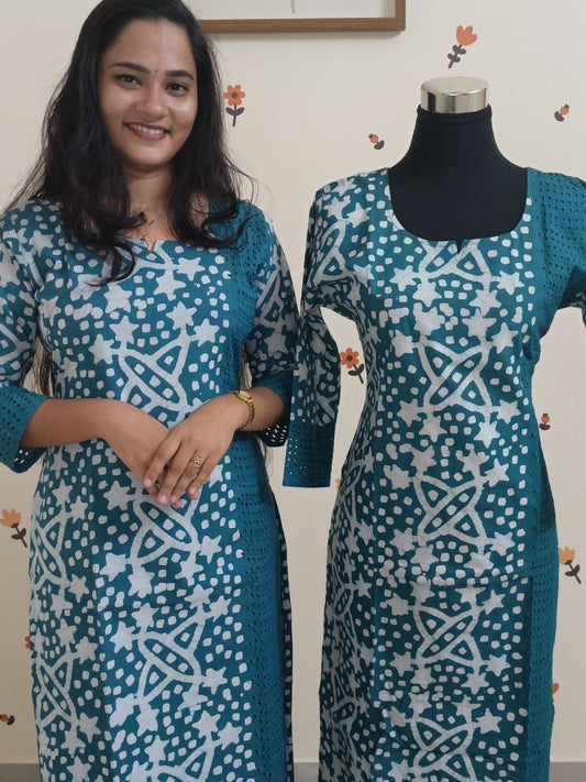 SC2565 - Premium soft cotton kurtis in a rare fusion of batik print and hakoba fabric, Teal blue shade, L size only available