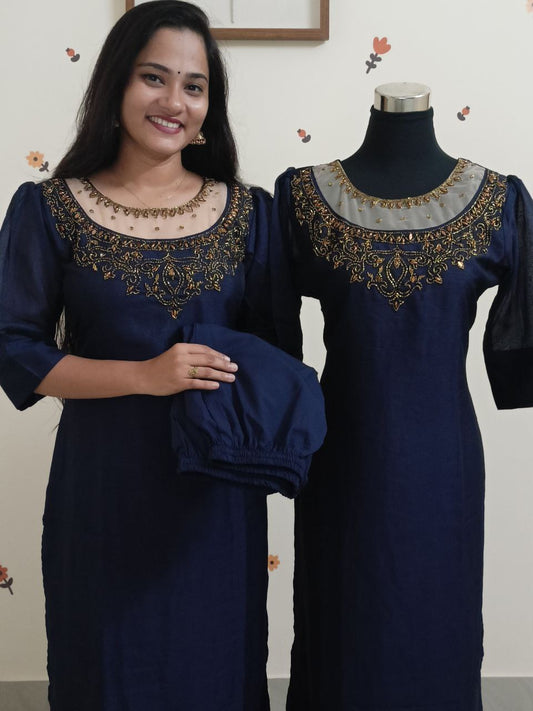 SC2589 - Premium Transparent neck Ethnic kurti set, Midnight blue shade