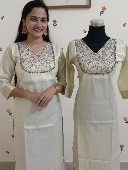 SC2617 - Onam special kerala tissue kurtis with kasavu border and heavy handwork, XXL size only available