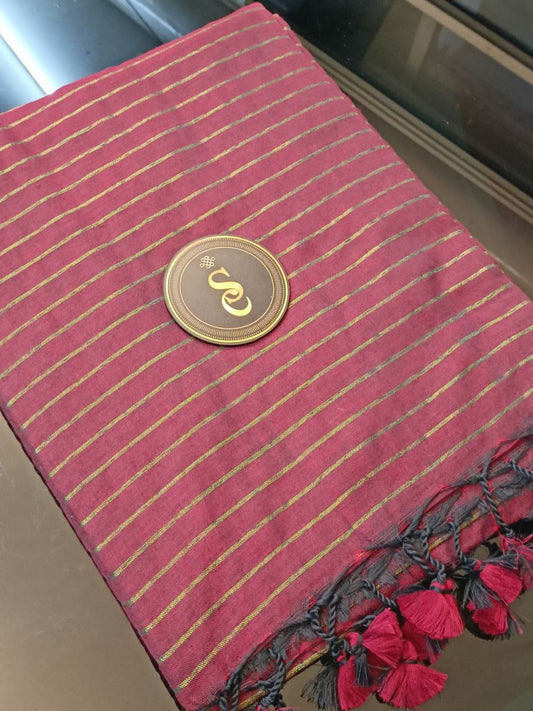 PAVITHRA05 - Pavithra saree Dark Maroon shade with golden jeri stripes