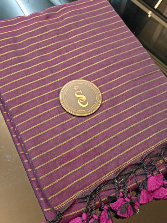 PAVITHRA03 - Pavithra saree Wine shade with golden jeri stripes