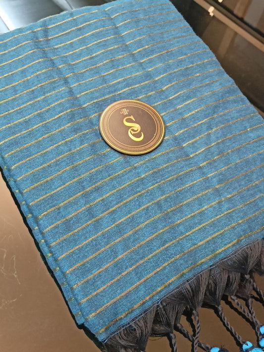PAVITHRA06 - Pavithra saree Teal blue shade with golden jeri stripes