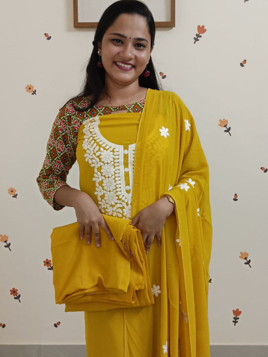 SC2651 - Chikankari inspired thread embroidered Premium Georgette Salwar materials, Bright Yellow shade