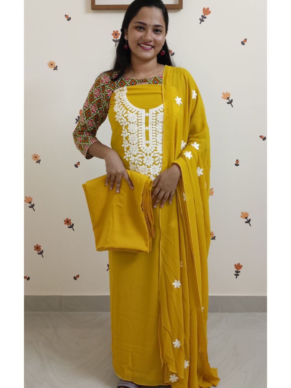 SC2651 - Chikankari inspired thread embroidered Premium Georgette Salwar materials, Bright Yellow shade