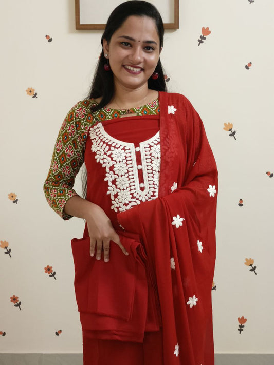 SC2653 - Chikankari inspired thread embroidered Premium Georgette Salwar materials, Brick red shade