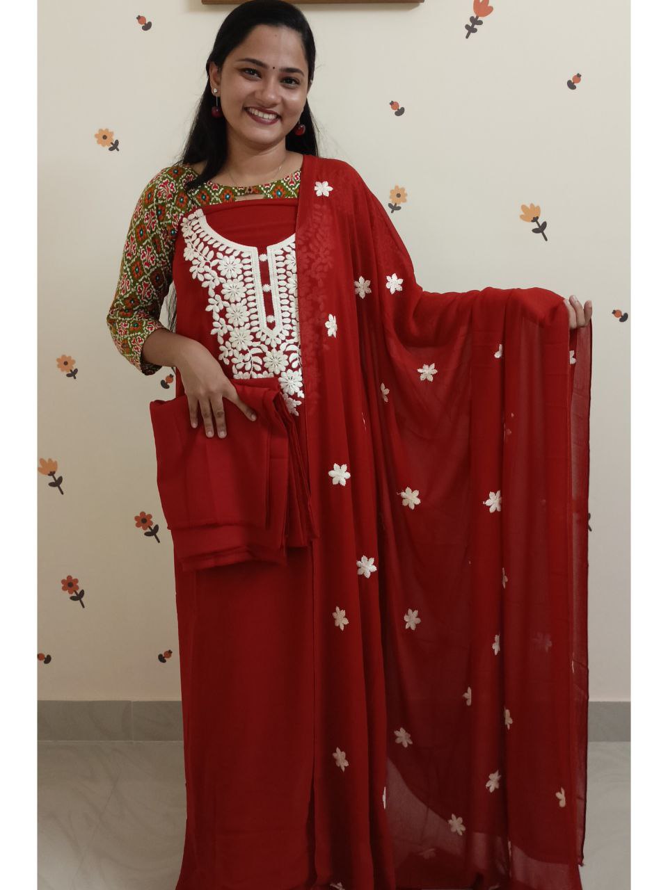 SC2653 - Chikankari inspired thread embroidered Premium Georgette Salwar materials, Brick red shade