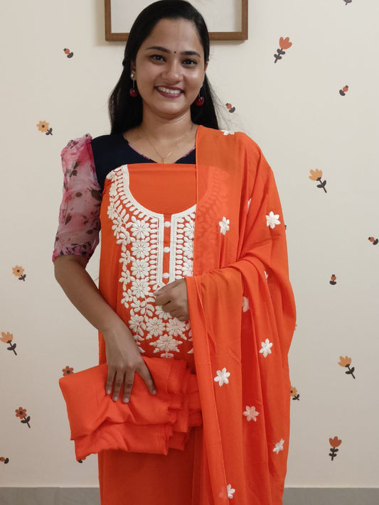 SC2652 - Chikankari inspired thread embroidered Premium Georgette Salwar materials, Bright Orange shade