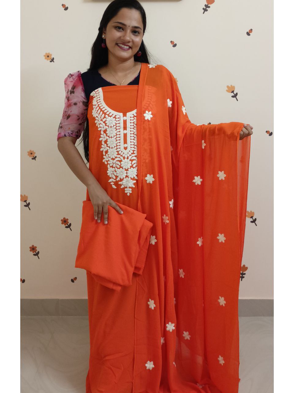 SC2652 - Chikankari inspired thread embroidered Premium Georgette Salwar materials, Bright Orange shade