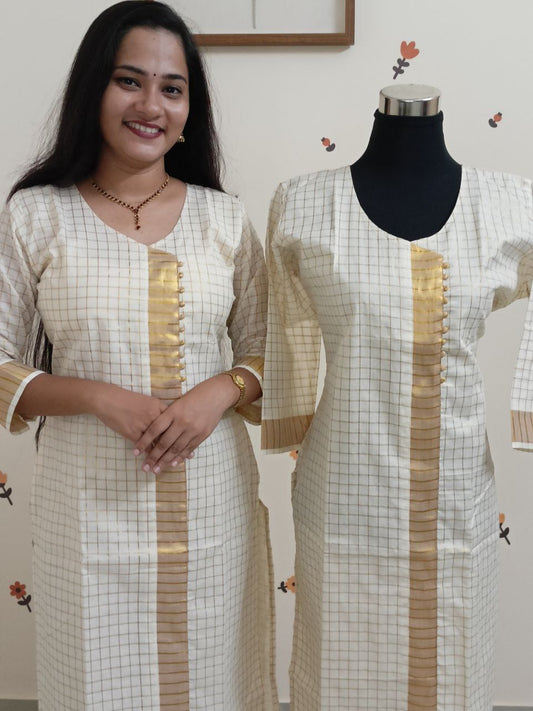 SC2663 - Kerala cotton kurtis with allover golden checks and kasavu border designs highlighted with potlis, Prebooking for Pongal open now