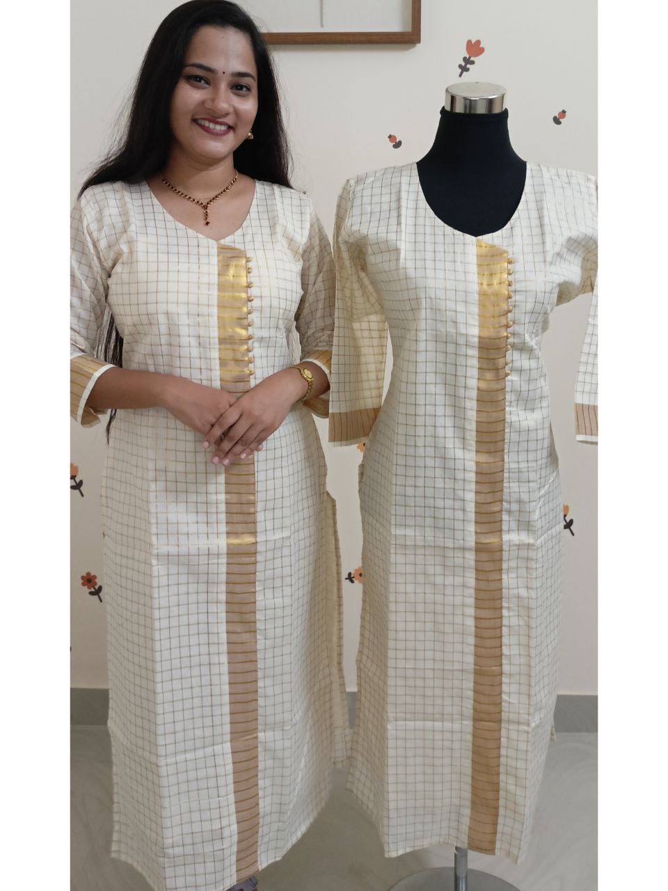 SC2663 - Kerala cotton kurtis with allover golden checks and kasavu border designs highlighted with potlis, Prebooking for Pongal open now