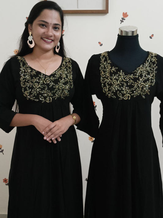 SC2672 - Heavily handworked Georgette Aline Partywear Kurtis, Jet Black