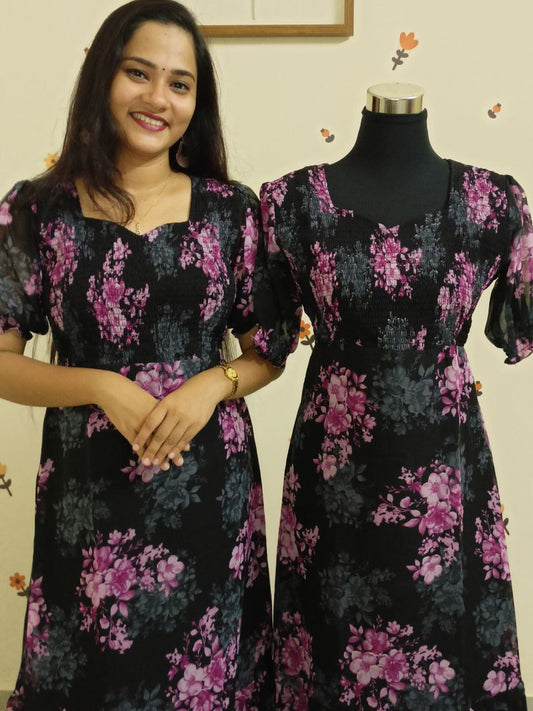 SC2676 - Printed Georgette Frock dress with smocking work on yoke
